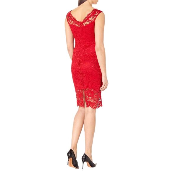 Marina | Red Floral Metallic Lace Overlay Knee Length Sheath Dress, Size M or 8 - Picture 2 of 10